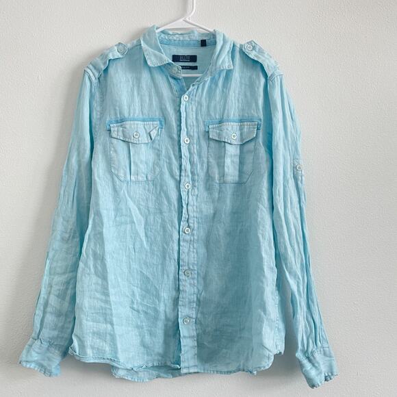 Saks Fifth Avenue Button Up Shirt Men L Mint Blue Linen Slim Fit Roll Tab Resort - Picture 8 of 8